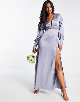 Blume Bridal satin plunge front maxi dress with wrap skirt in gray blue