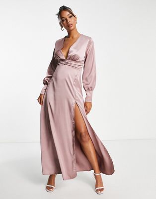 Blume Bridal satin plunge front maxi dress with wrap skirt in pink