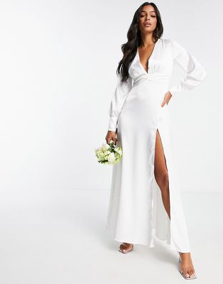 Blume Bridal satin plunge front maxi dress with wrap skirt in white