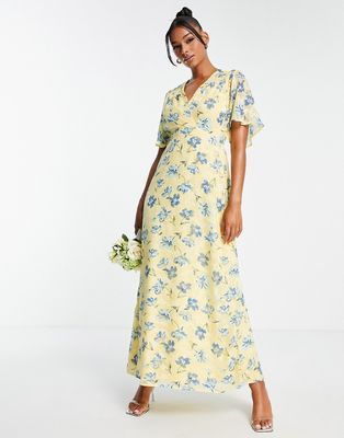 Blume Bridal wrap front maxi with full skirt in lemon floral-Multi