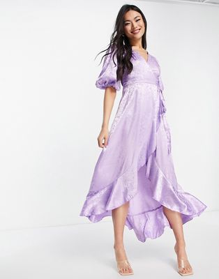 Blume Bridal wrap jacquard midi dress with puff sleeve and frill detail in lilac floral-Multi