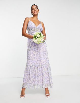 Blume Bridalsatin cami maxi with full skirt in floral in lilac-Multi