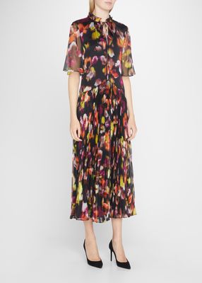 Blur Floral-Print Pleated Chiffon Midi Dress