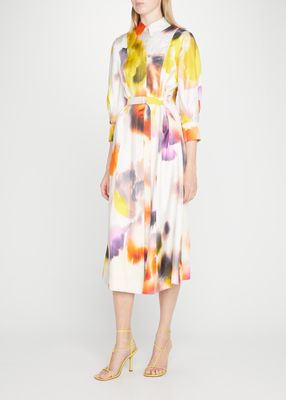 Blur-Print Belted Silk Twill Midi Shirtdress