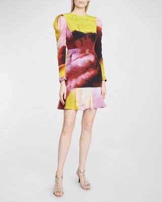 Blur-Print Long Puff-Sleeve Mini Dress