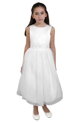 BLUSH by Us Angels Beaded Waist Satin Dress in White