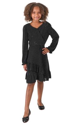 BLUSH by Us Angels Kids' Sparkle Faux Wrap Long Sleeve Dress in Black