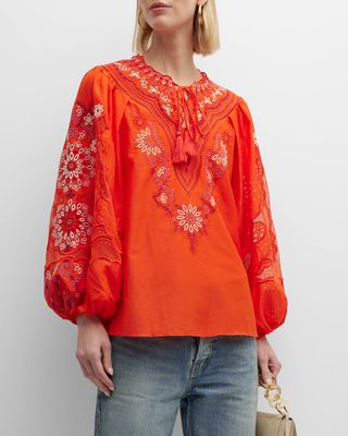 Blythe Floral-Embroidered Blouson-Sleeve Blouse