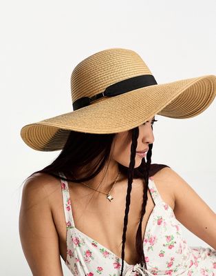 Boardmans floppy straw sun hat with contrast trim-Brown