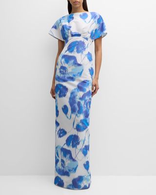 Boat-Neck Floral Empire-Waist Short-Sleeve Gown