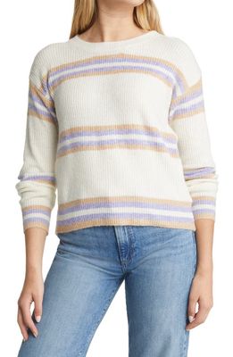 Bobeau Rib Stripe Crewneck Sweater in Ivory Multi Stripe