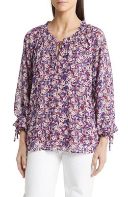 Bobeau Ruffle Tie Neck Blouse in Berry Floral