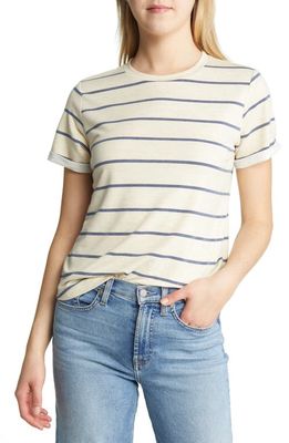Bobeau Stripe Cuff Sleeve T-Shirt in Oatmeal/Navy