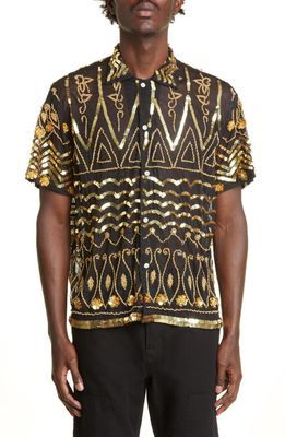 Bode After Party Embellished Short Sleeve Button-Up Shirt in Gold Multi