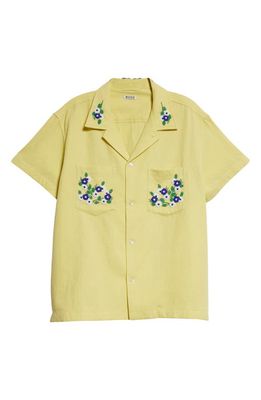 Bode Beaded Flower Short Sleeve Cotton Corduroy Button-Up Shirt in Yellow