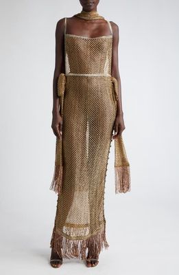 Bode Beaded Fringe Sheer Lamé Lace Maxi Dress in Gold