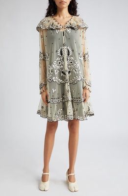 Bode Birch Long Sleeve Embroidered Sheer Dress in Peral/Black/White