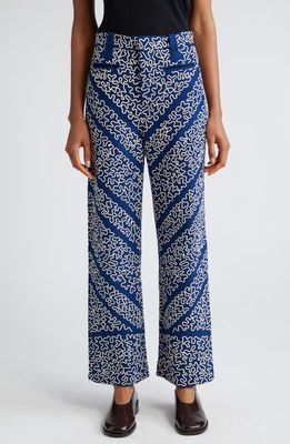 Bode Bombora Couching Embroidered Wool Blend Wide Leg Trousers in White Blue