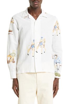 Bode Boxy Buckaroo Embroidered Long Sleeve Linen & Cotton Button-Up Shirt in White Multi