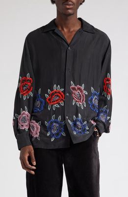 Bode Boxy Fit Beaded Poppy Long Sleeve Silk Button-Up Shirt in Black Multi