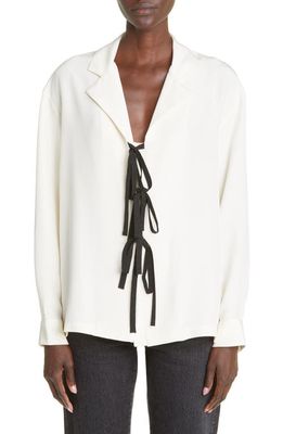 Bode Boxy Tie Front Long Sleeve Silk Top in Cream Black