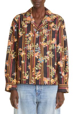 Bode Butterfly Stripe Floral Cotton & Silk Button-Up Shirt in Black Multi