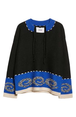 Bode Cape Cod Cross Stitch Merino Wool Pullover in Black Multi