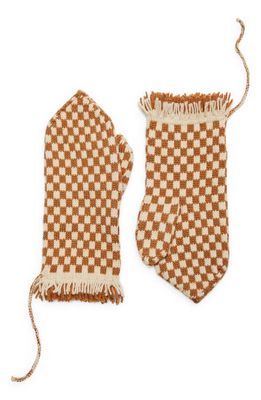 Bode Check Fringe Mittens in Brown Tan