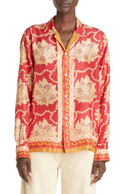 Bode Coral Bells Long Sleeve Silk Button-Up Shirt in Red Multi