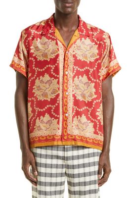 Bode Coral Bells Short Sleeve Silk Button-Up Camp Shirt in Rdmlt