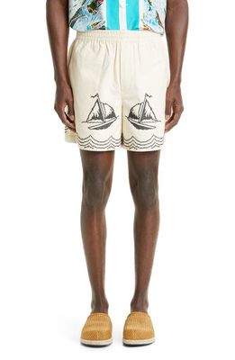 Bode Cross Stitch Wool Sailing Shorts in Tan Black