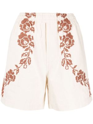 BODE cross-stitched cotton mini shorts - Neutrals