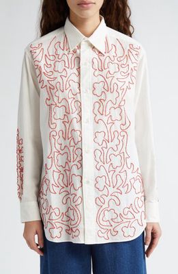 Bode Crossvine Beaded Cotton Button-Up Shirt in White Red