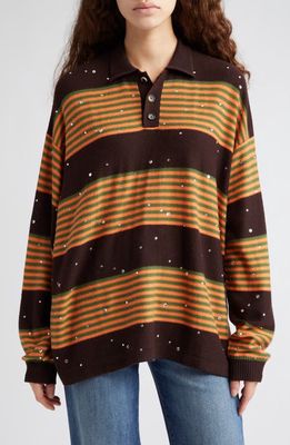 Bode Crystal Embellished Stripe Merino Wool Polo Sweater in Brown Multi