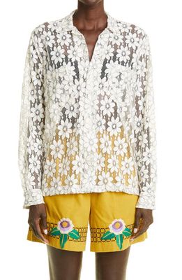 Bode Daisy Lace Long Sleeve Button-Up Shirt in White Black