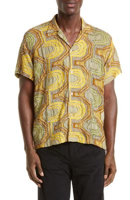 Bode Disco Tinsel Short Sleeve Button-Up Camp Shirt in Yellow Multi