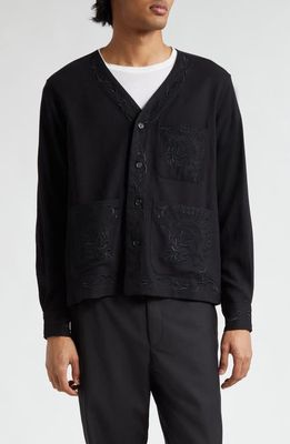 Bode Dumas Embroidered V-Neck Wool Button-Up Overshirt in Black