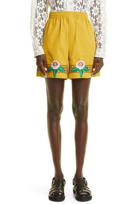 Bode Embroidered Garden Bed Cotton Shorts in Ochre