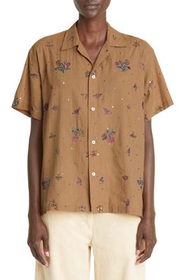 Bode Embroidered Micro Bird Short Sleeve Button-Up Shirt in Brown Multi