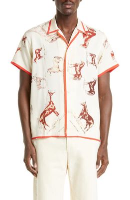 Bode Equine Short Sleeve Silk Button-Up Camp Shirt in Cream Multi