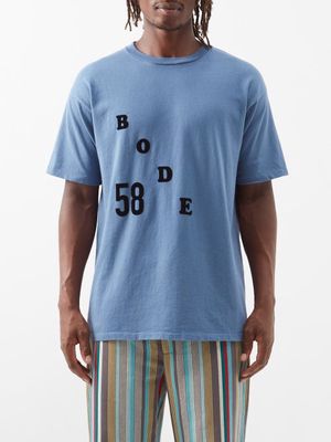 Bode - Flocked-logo Cotton-jersey T-shirt - Mens - Blue