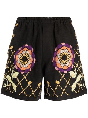 BODE floral-embroidered linen shorts - Black