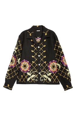 Bode Floral Pinwheel Embroidered Linen Camp Shirt in Black Multi