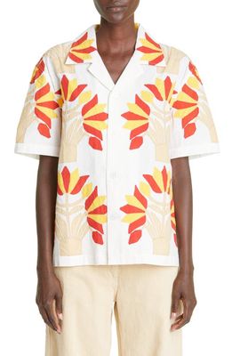 Bode Foliage Appliqué Short Sleeve Button-Up Shirt in White Multi