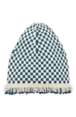 Bode Fringe Check Merino Wool Hat in Blue Cream