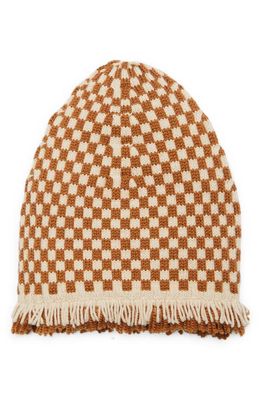 Bode Fringe Check Merino Wool Hat in Brown Tan