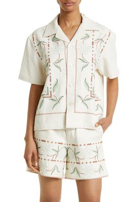 Bode Gerber Border Short Sleeve Linen & Cotton Button-Up Shirt in Ecru Multi