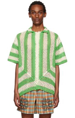 Bode Green & White Crochet Shirt