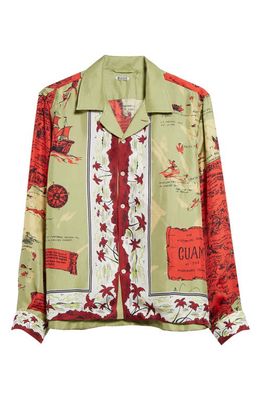 Bode Guam Print Long Sleeve Silk Button-Up Shirt in Green Red