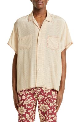 Bode Knot Grid Silk Button-Up Shirt in Tan/Red
